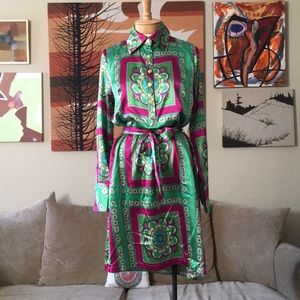 Tracy Porter Emerald Green Satin Scarf Shirt Dress